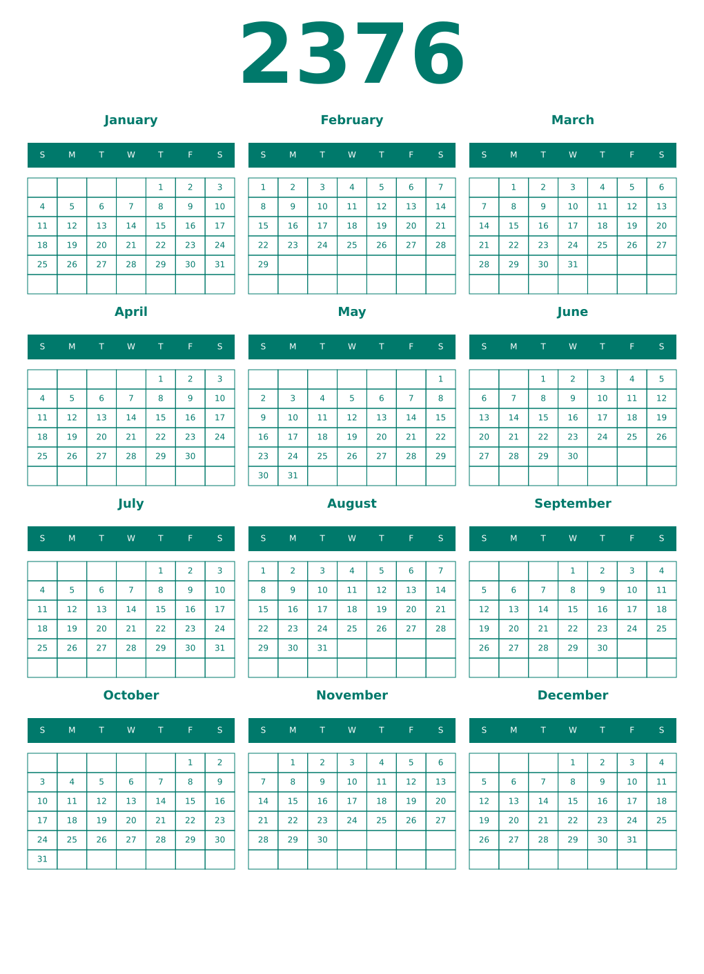 Printable 2376 Year Calendars pastel