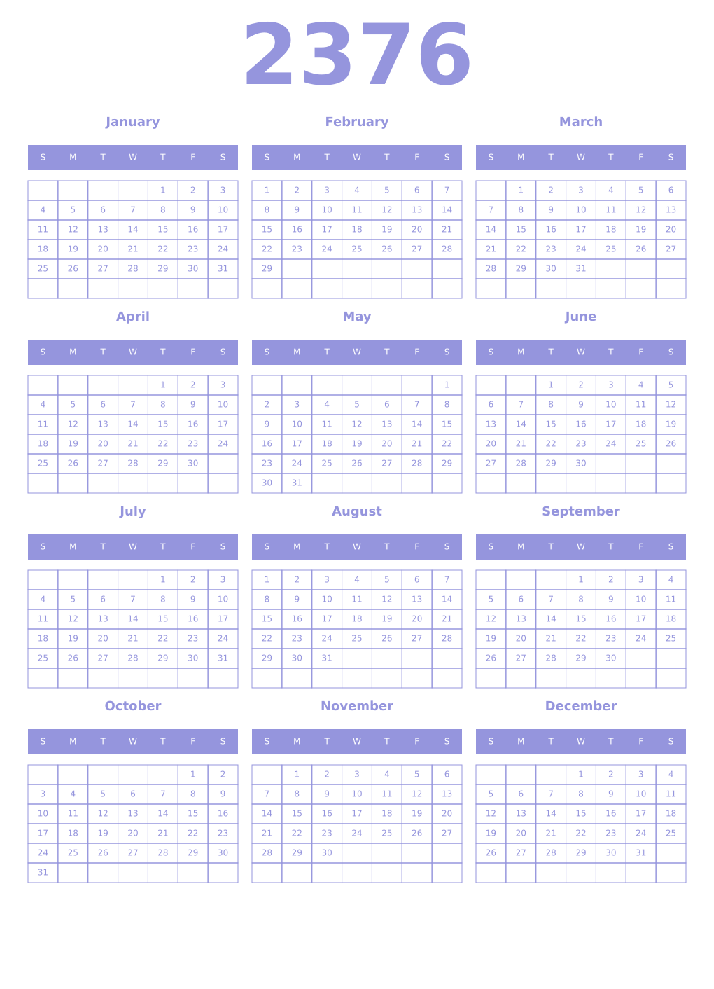 Printable 2376 Year Calendars periwinkle