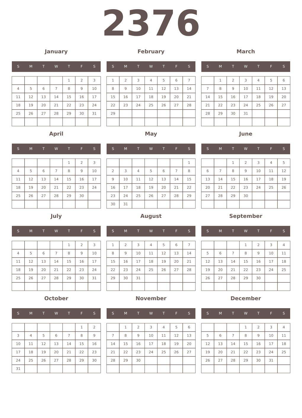 Printable 2376 Year Calendars wenge