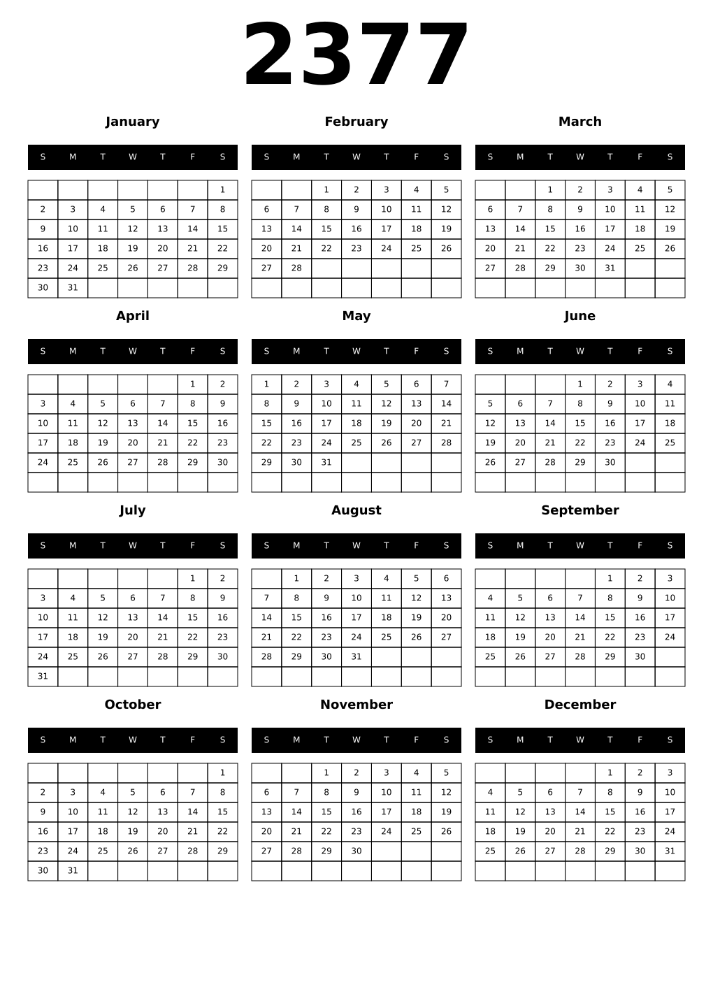 Printable 2377 Year Calendars black