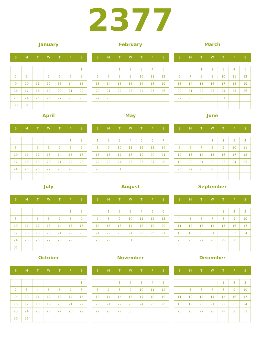 Printable 2377 Year Calendars chartreuse