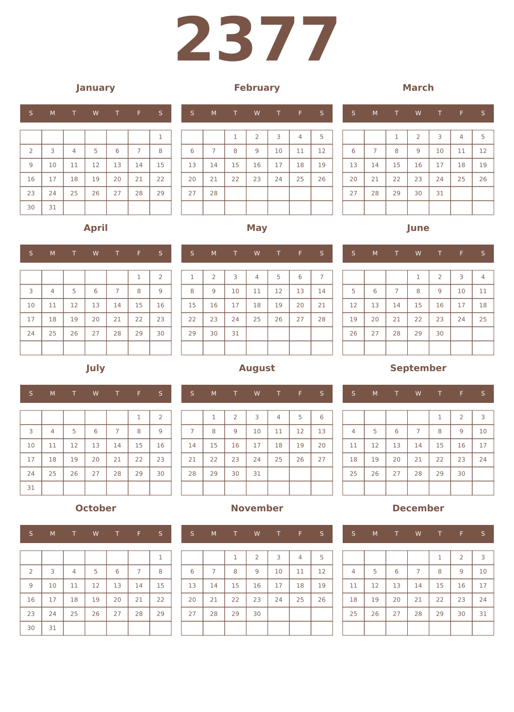 Printable 2377 Year Calendars coffe