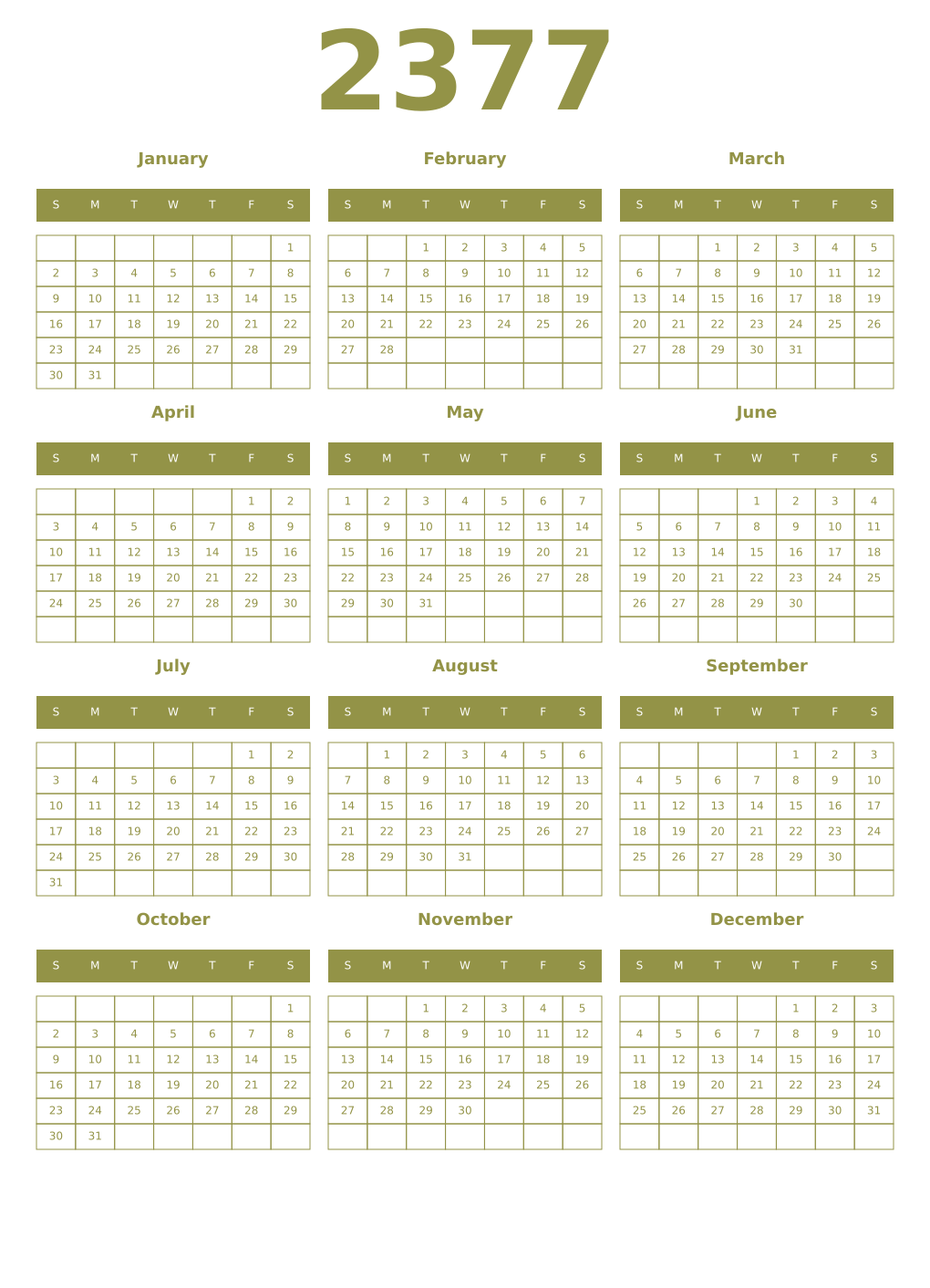 Printable 2377 Year Calendars eburnean