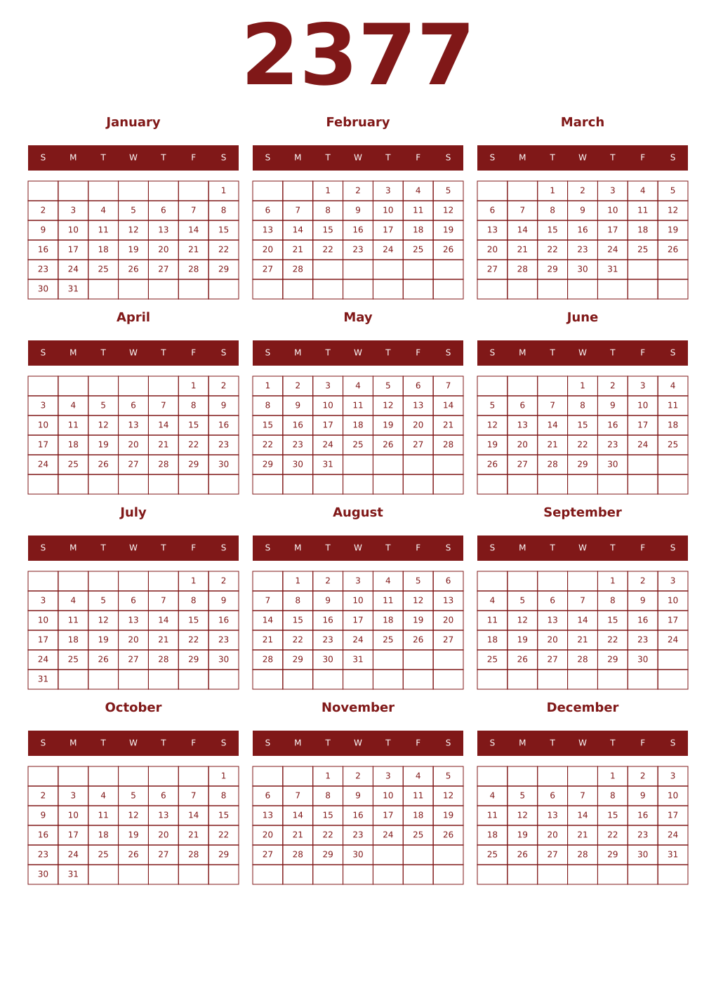 Printable 2377 Year Calendars falu