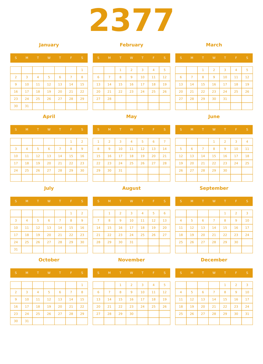 Printable 2377 Year Calendars gamboge