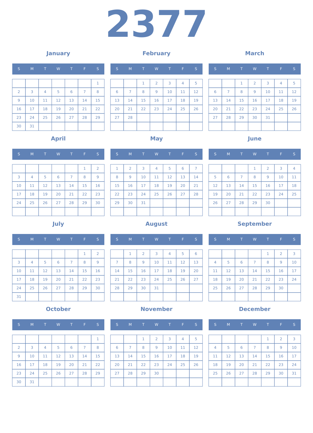 Printable 2377 Year Calendars glaucous