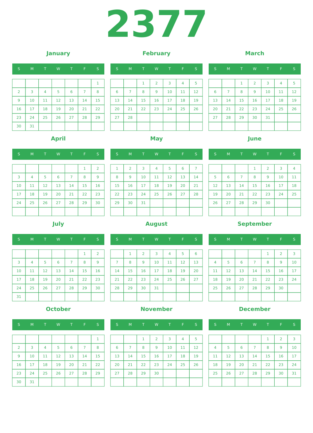 Printable 2377 Year Calendars green