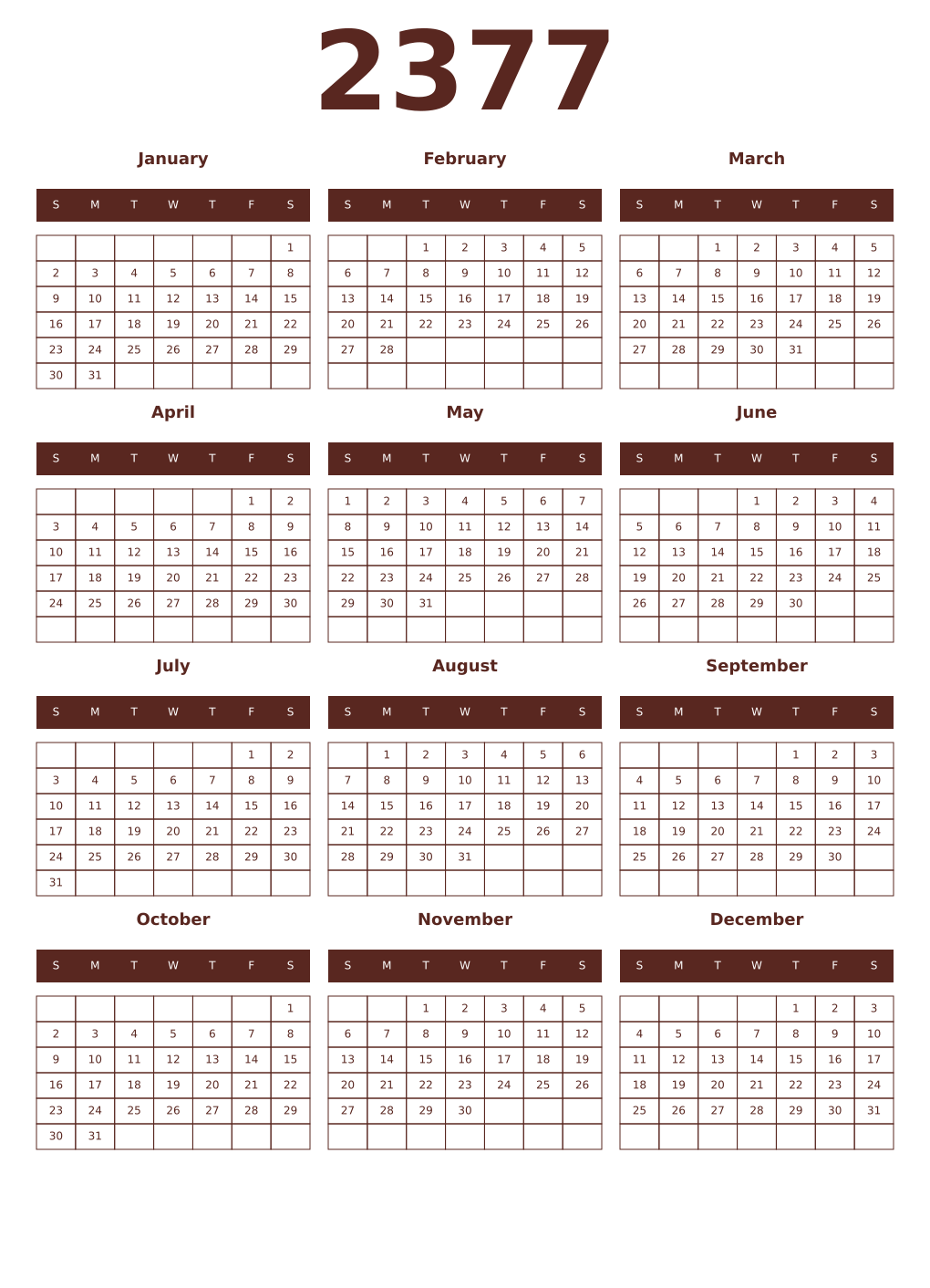 Printable 2377 Year Calendars mortuum