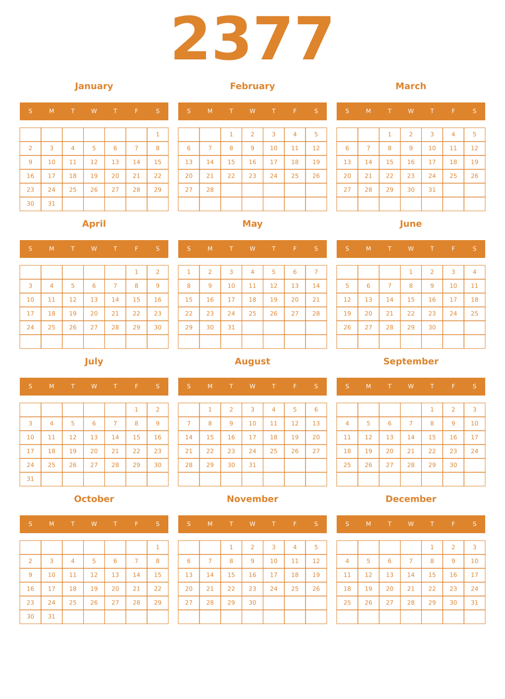 Printable 2377 Year Calendars orange