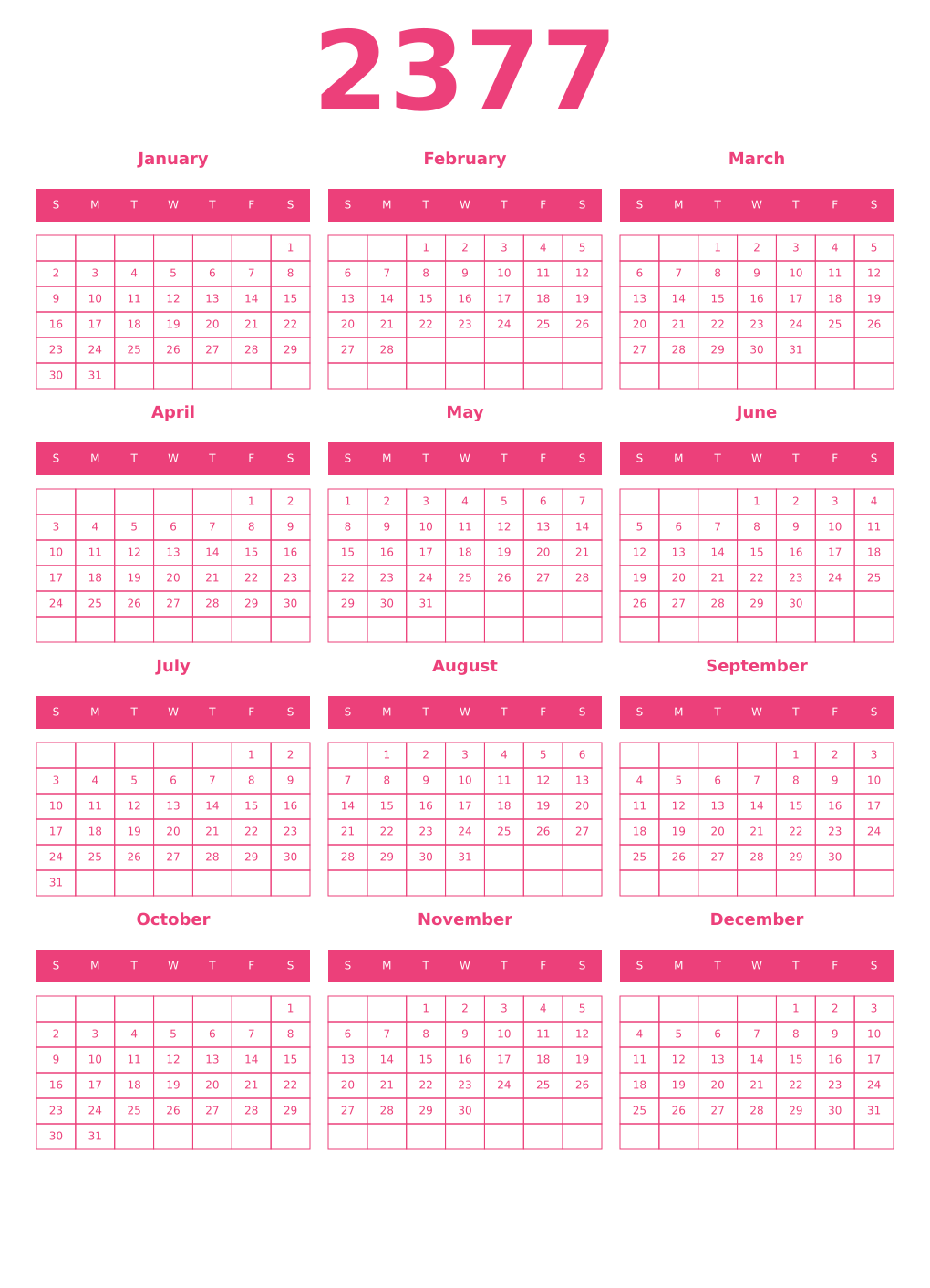 Printable 2377 Year Calendars pink