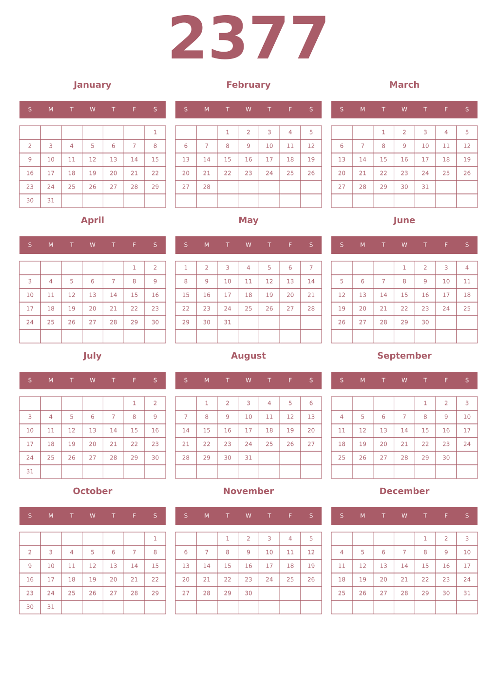 Printable 2377 Year Calendars puce