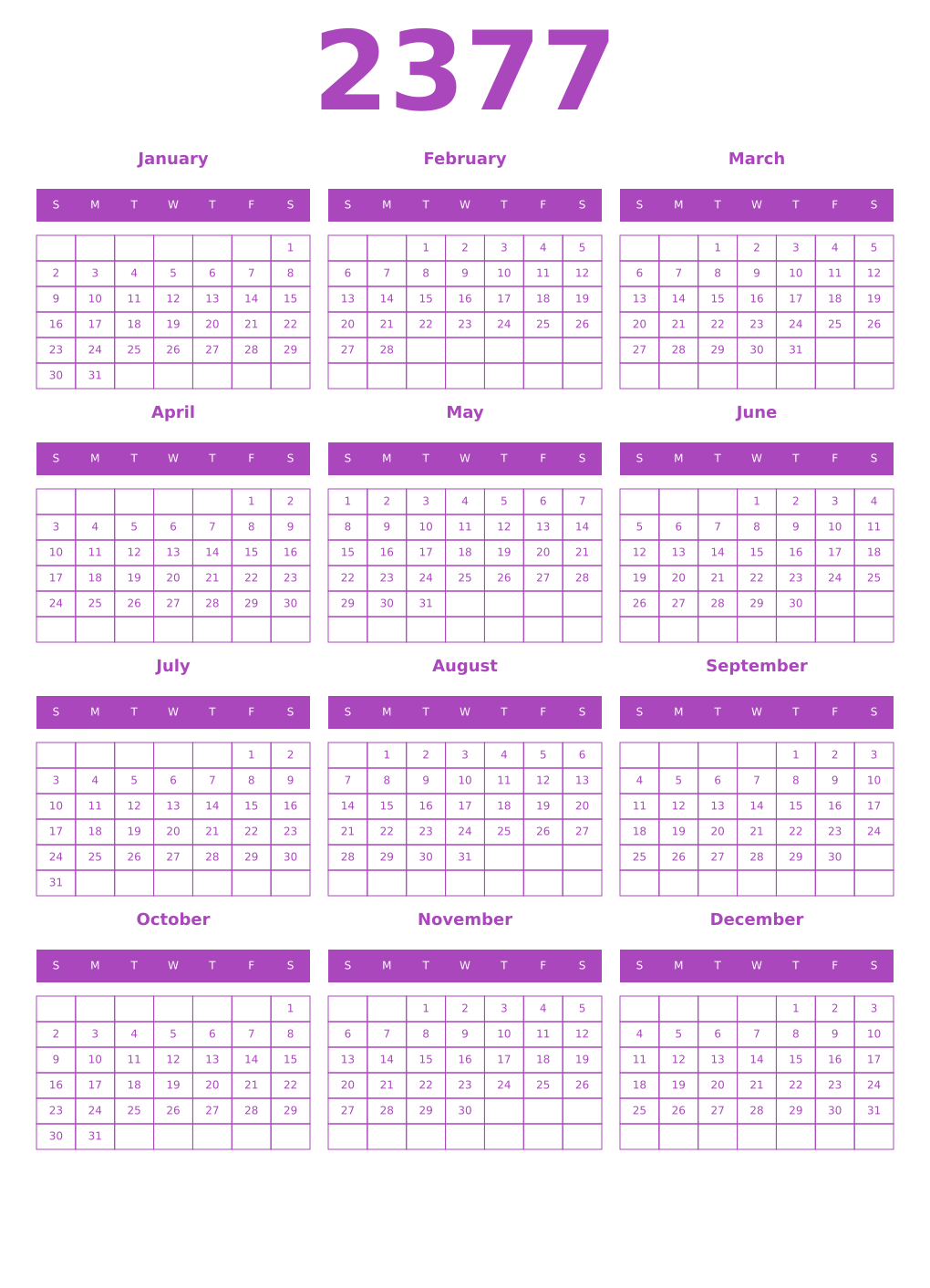 Printable 2377 Year Calendars purple