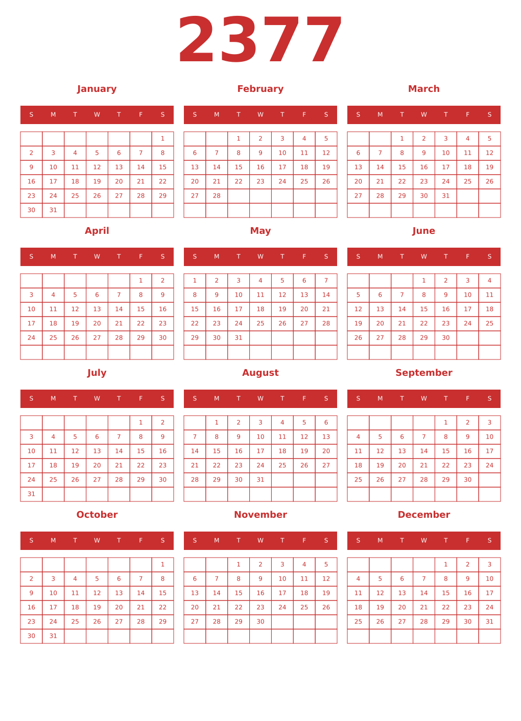 Printable 2377 Year Calendars red