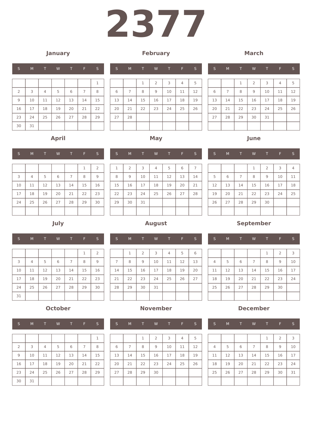 Printable 2377 Year Calendars wenge