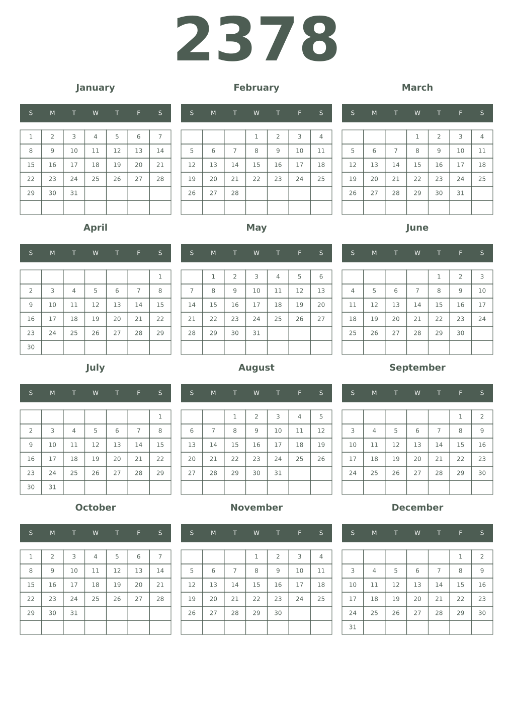 Printable 2378 Year Calendars feldgrau