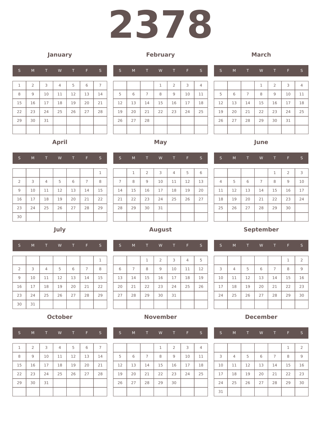Printable 2378 Year Calendars wenge