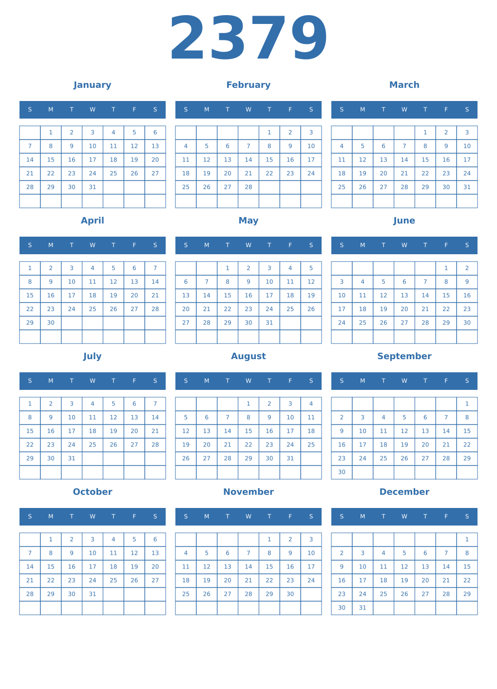 Printable 2379 Year Calendars blue