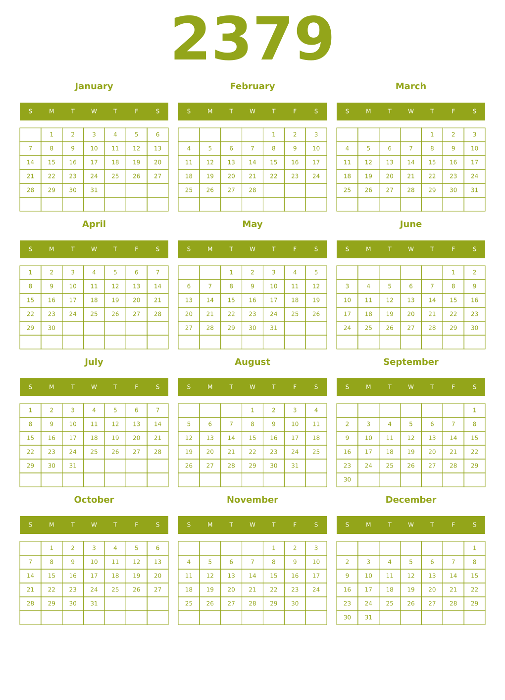 Printable 2379 Year Calendars chartreuse