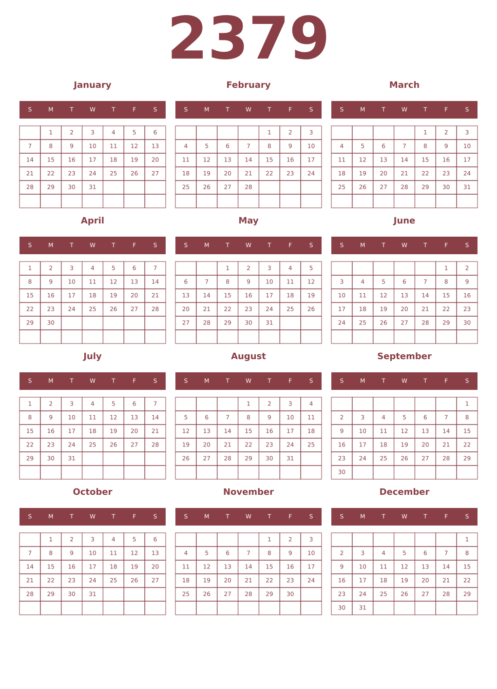 Printable 2379 Year Calendars cordovan