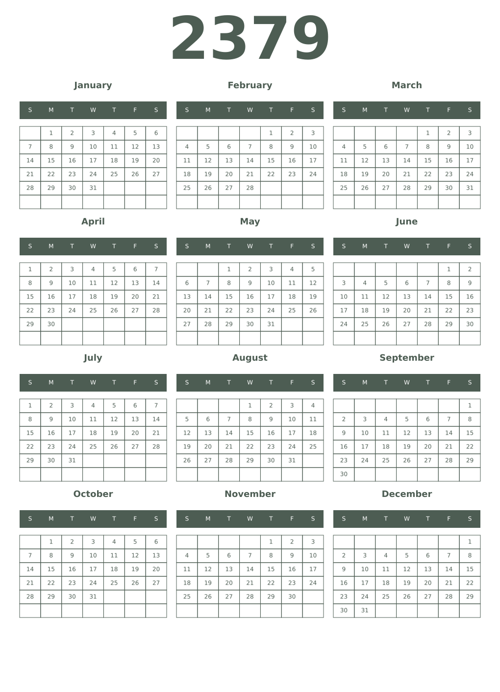 Printable 2379 Year Calendars feldgrau