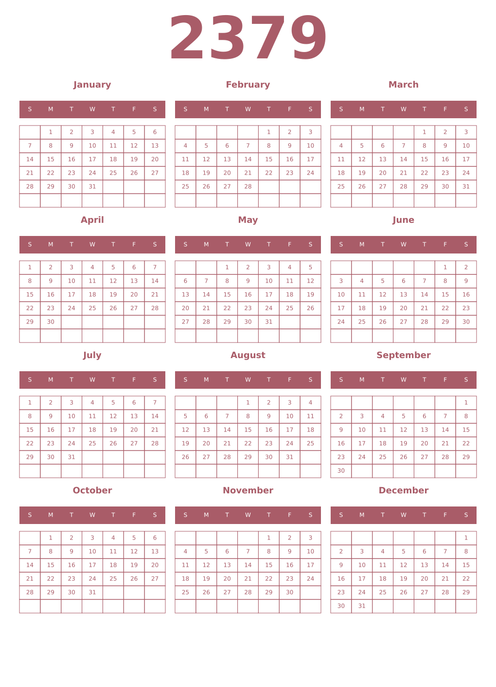 Printable 2379 Year Calendars puce