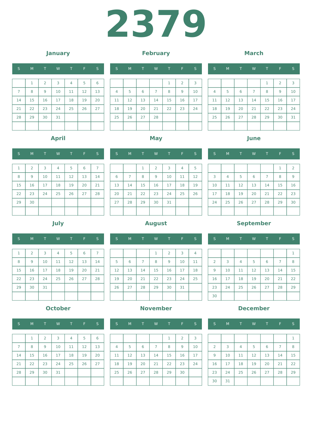 Printable 2379 Year Calendars viridian