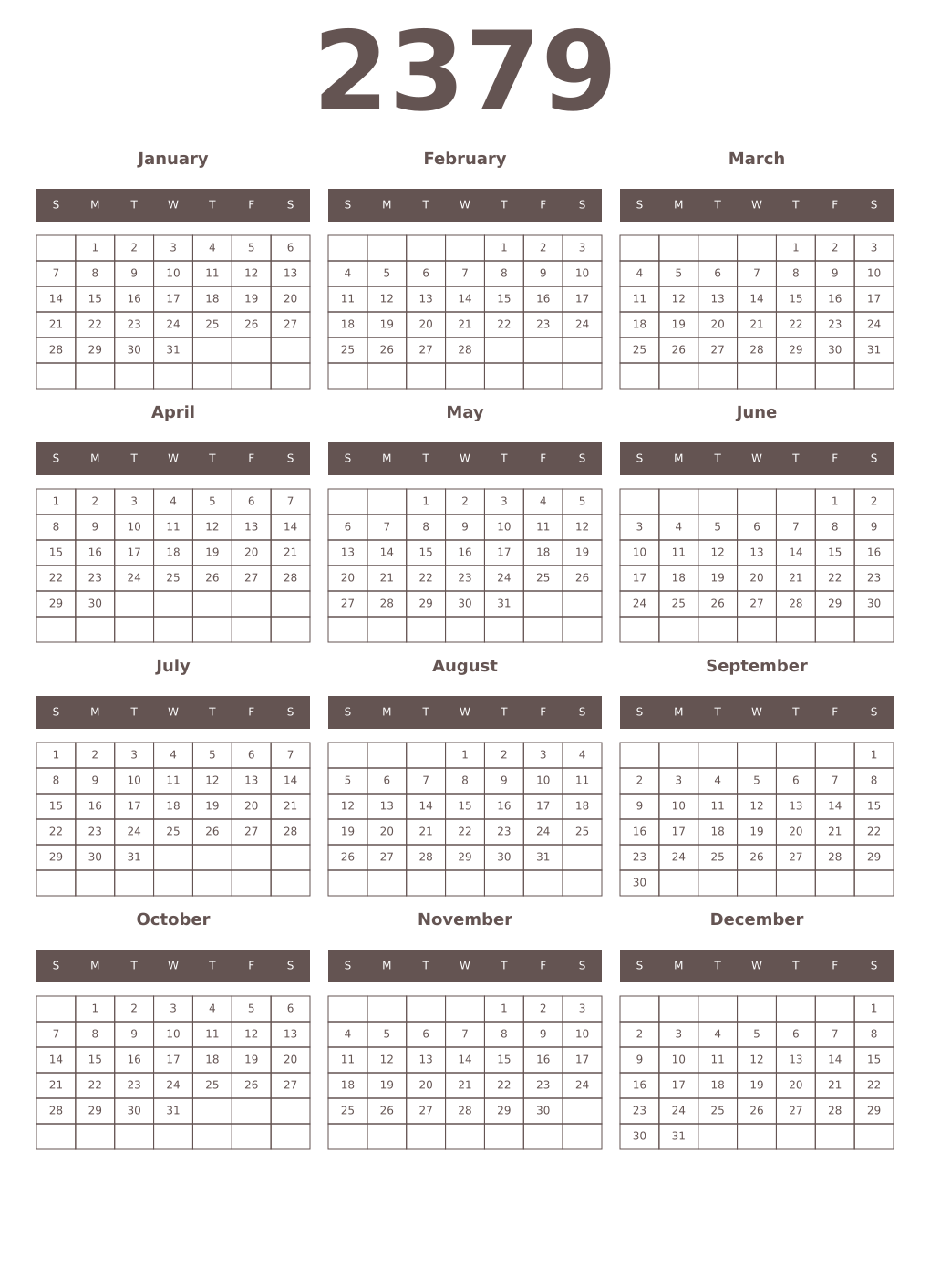 Printable 2379 Year Calendars wenge