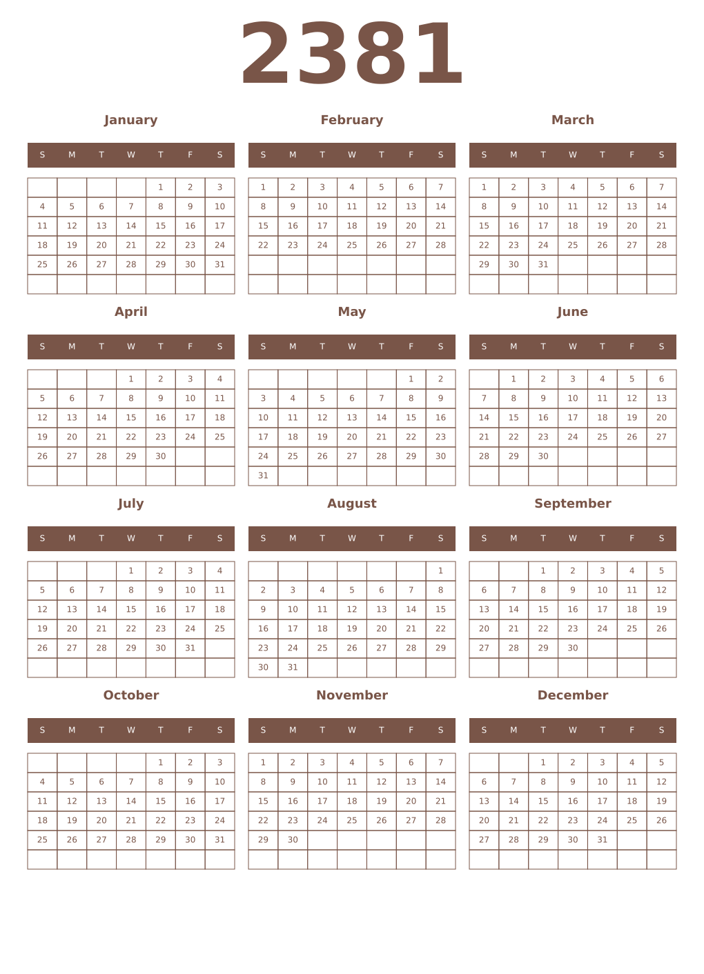 Printable 2381 Year Calendars coffe