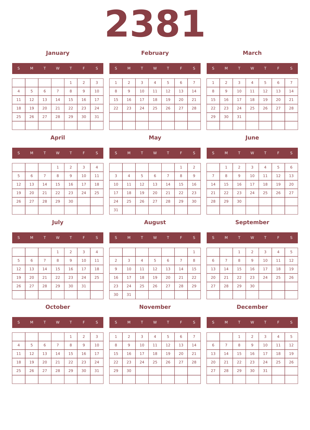Printable 2381 Year Calendars cordovan