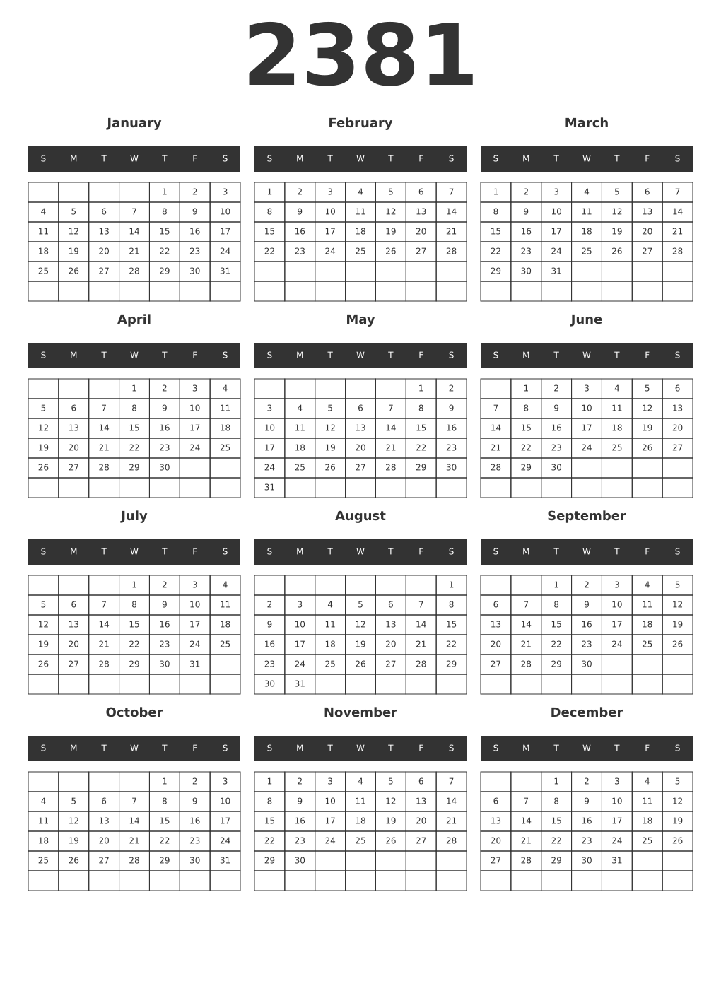 Printable 2381 Year Calendars dark