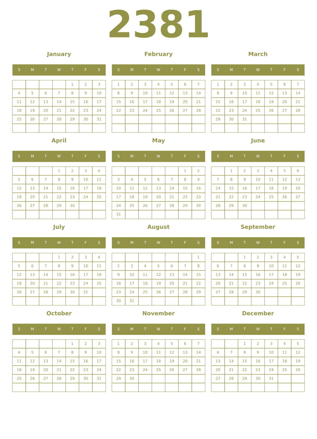 Printable 2381 Year Calendars eburnean
