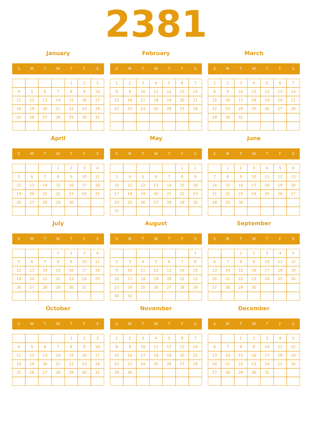 Printable 2381 Year Calendars gamboge