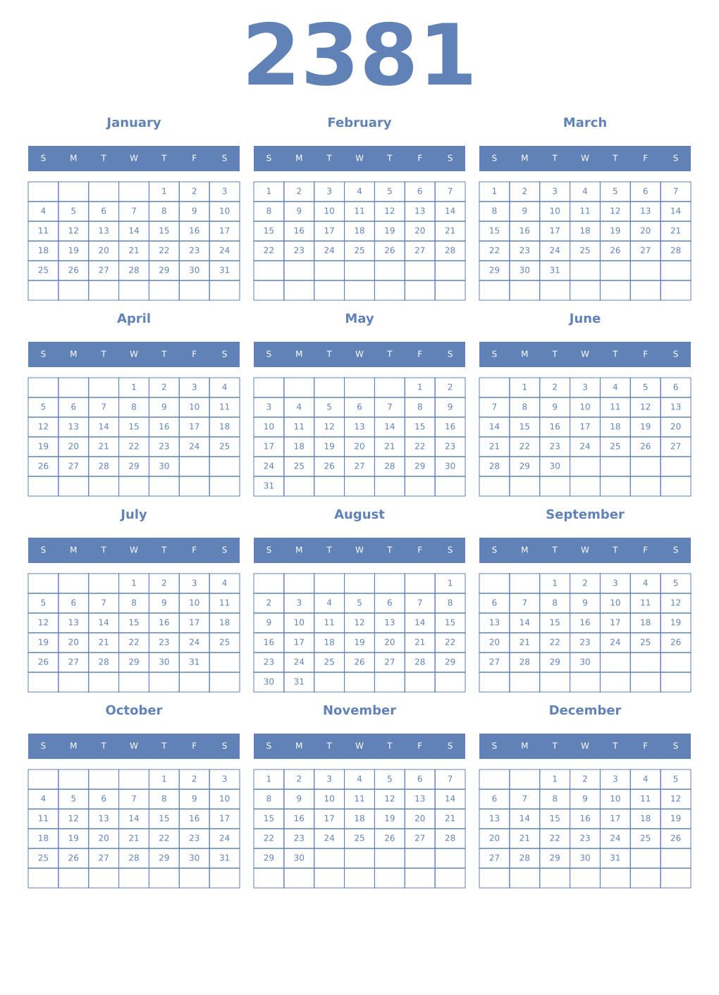 Printable 2381 Year Calendars glaucous