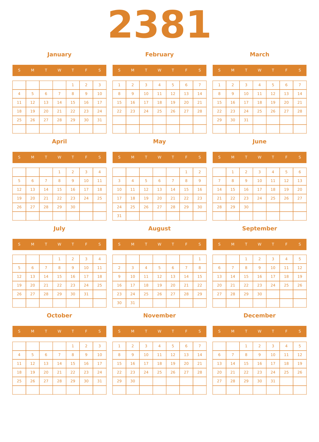 Printable 2381 Year Calendars orange