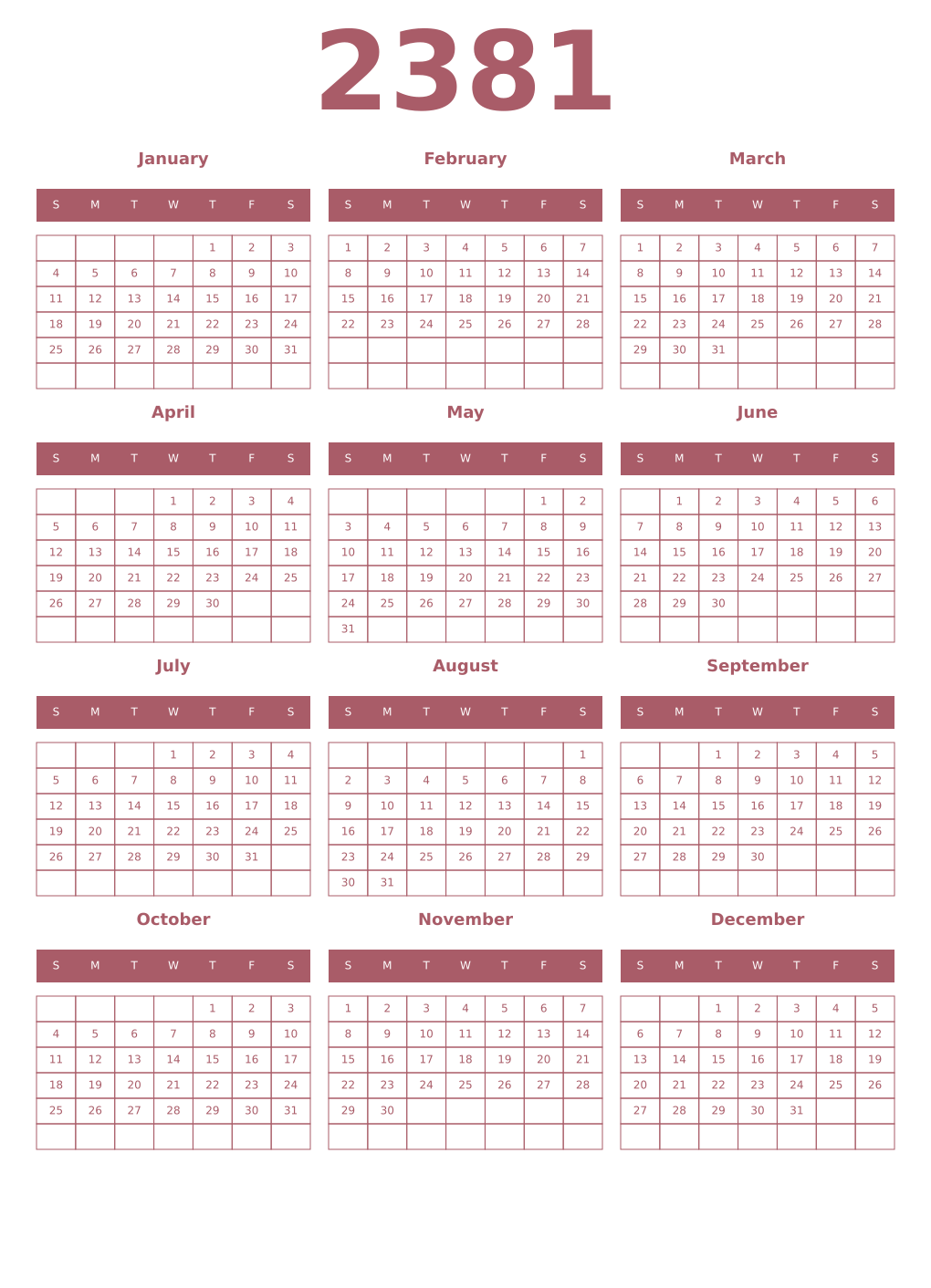 Printable 2381 Year Calendars puce