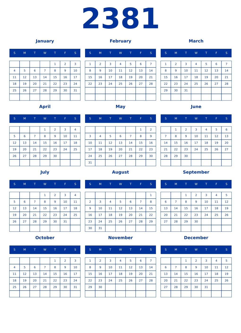 Printable 2381 Year Calendars smalt
