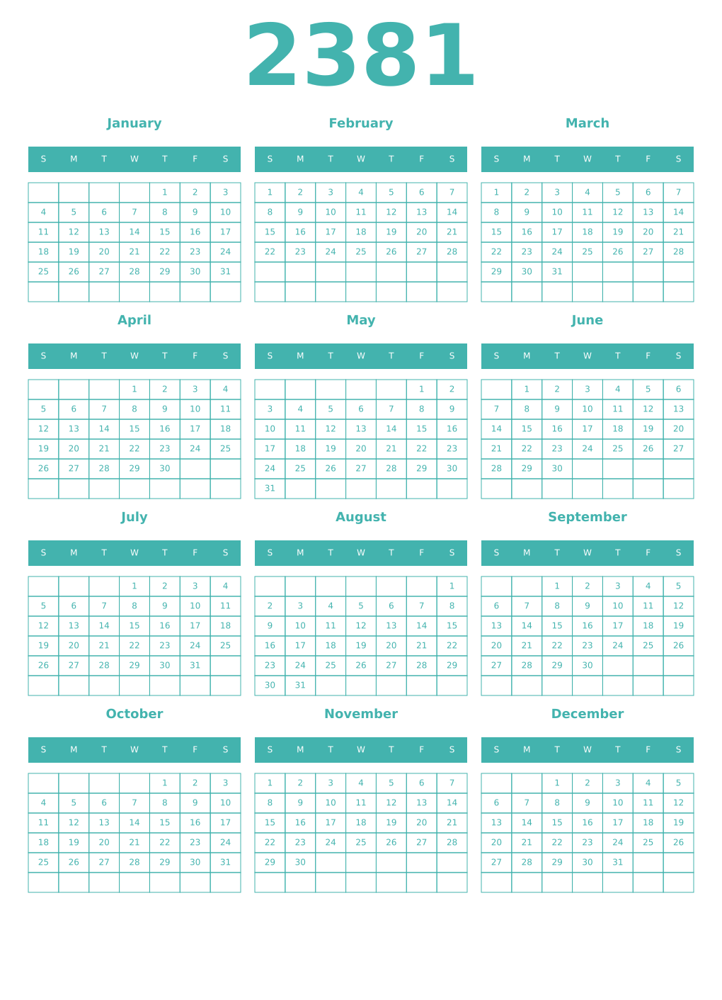 Printable 2381 Year Calendars verdigris