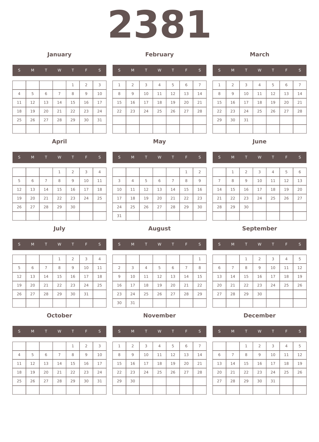 Printable 2381 Year Calendars wenge