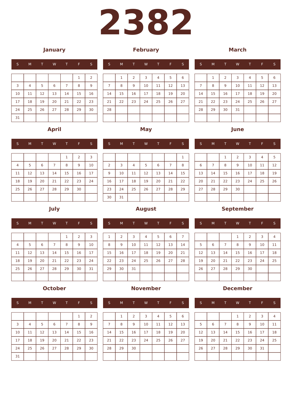 Printable 2382 Year Calendars mortuum