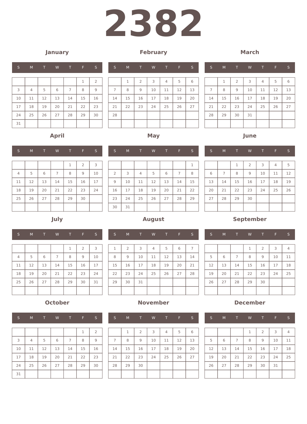 Printable 2382 Year Calendars wenge