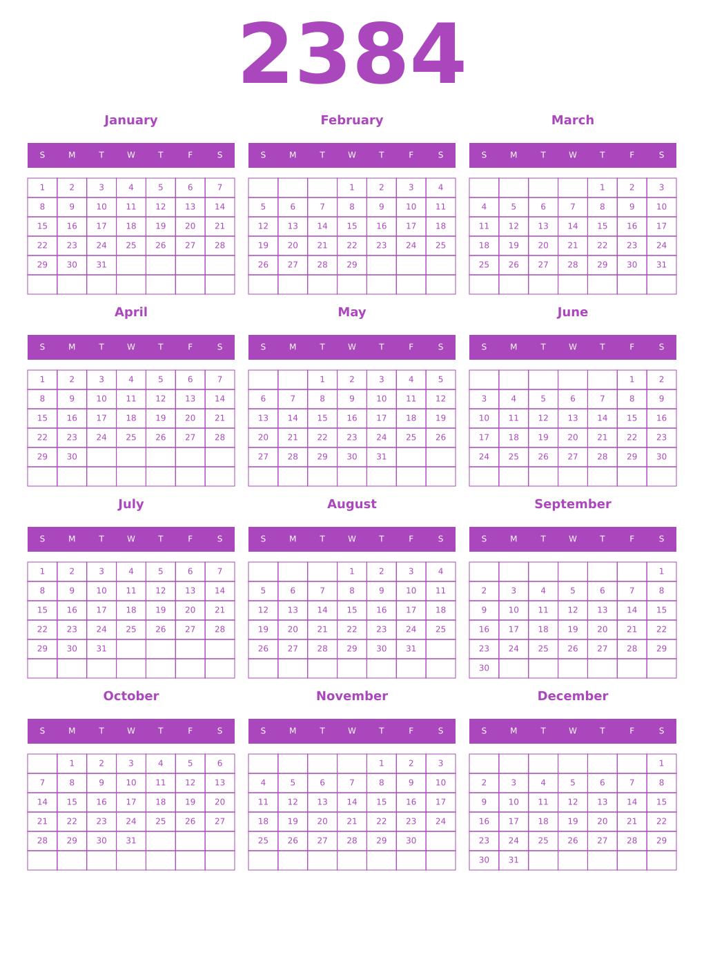 Printable 2384 Year Calendars purple