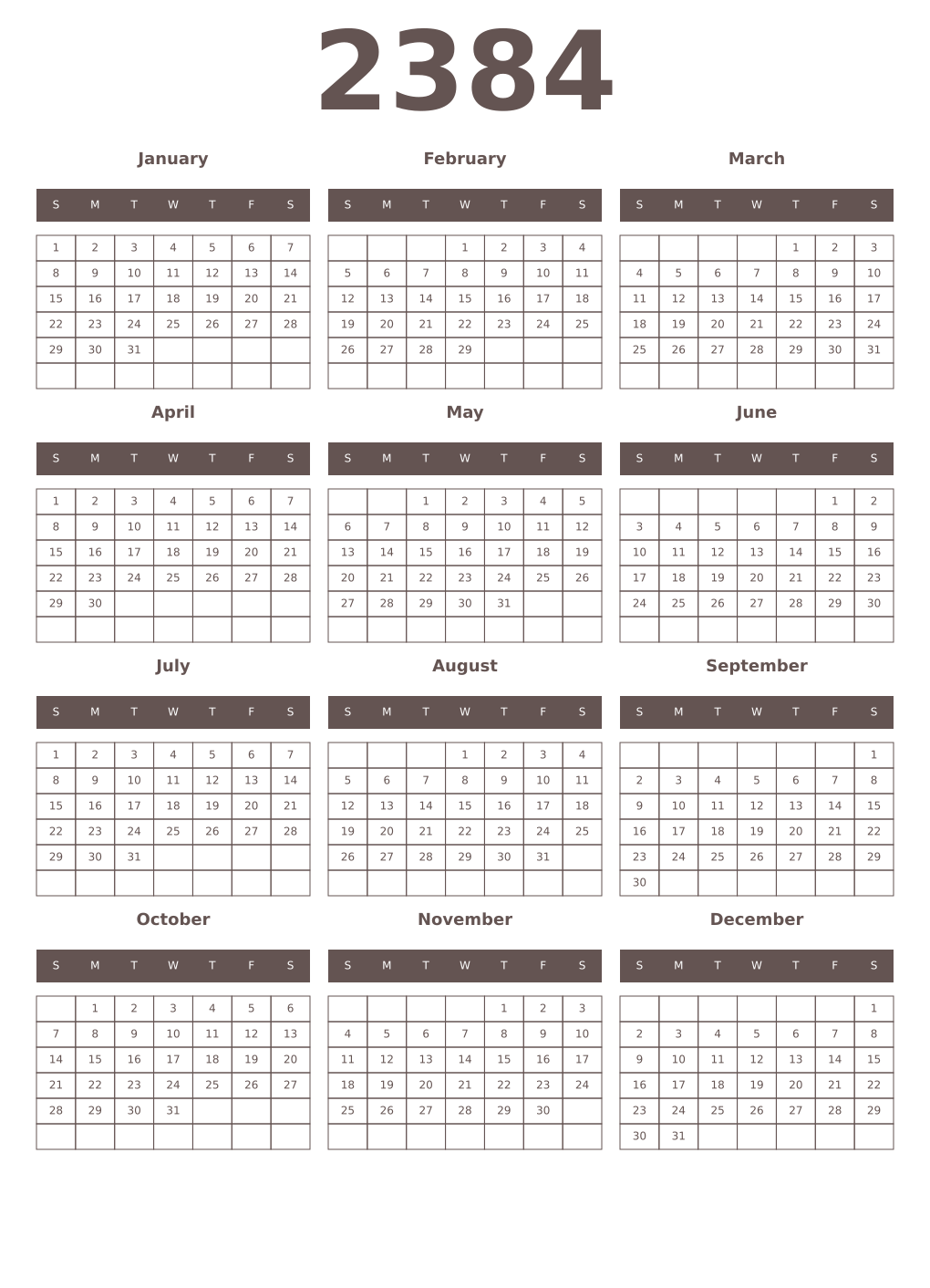 Printable 2384 Year Calendars wenge