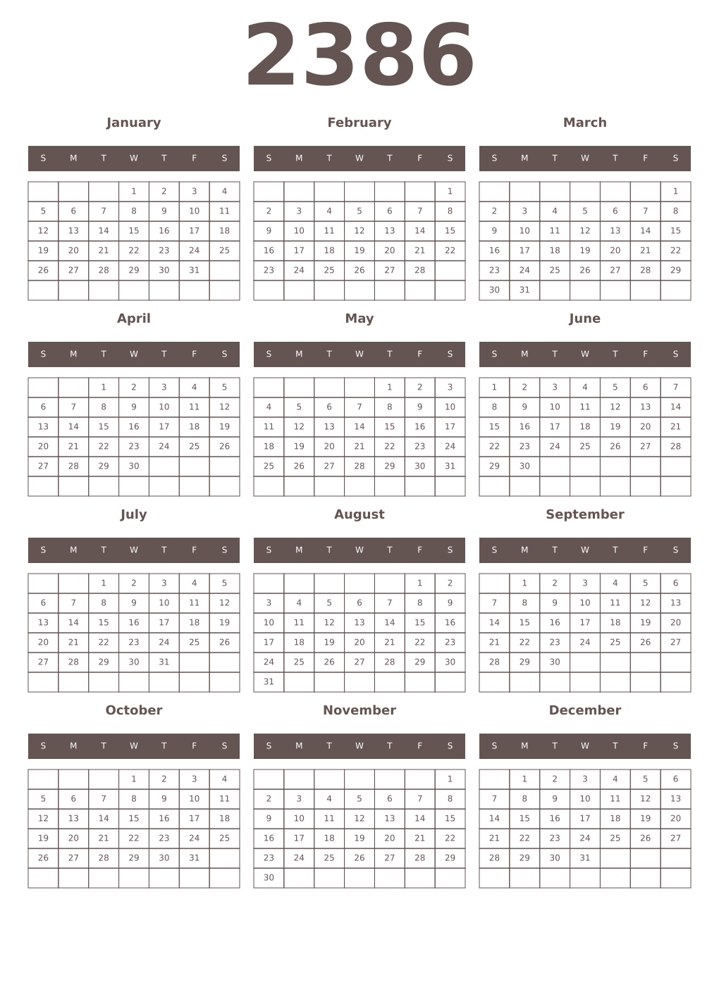 Printable 2386 Year Calendars wenge