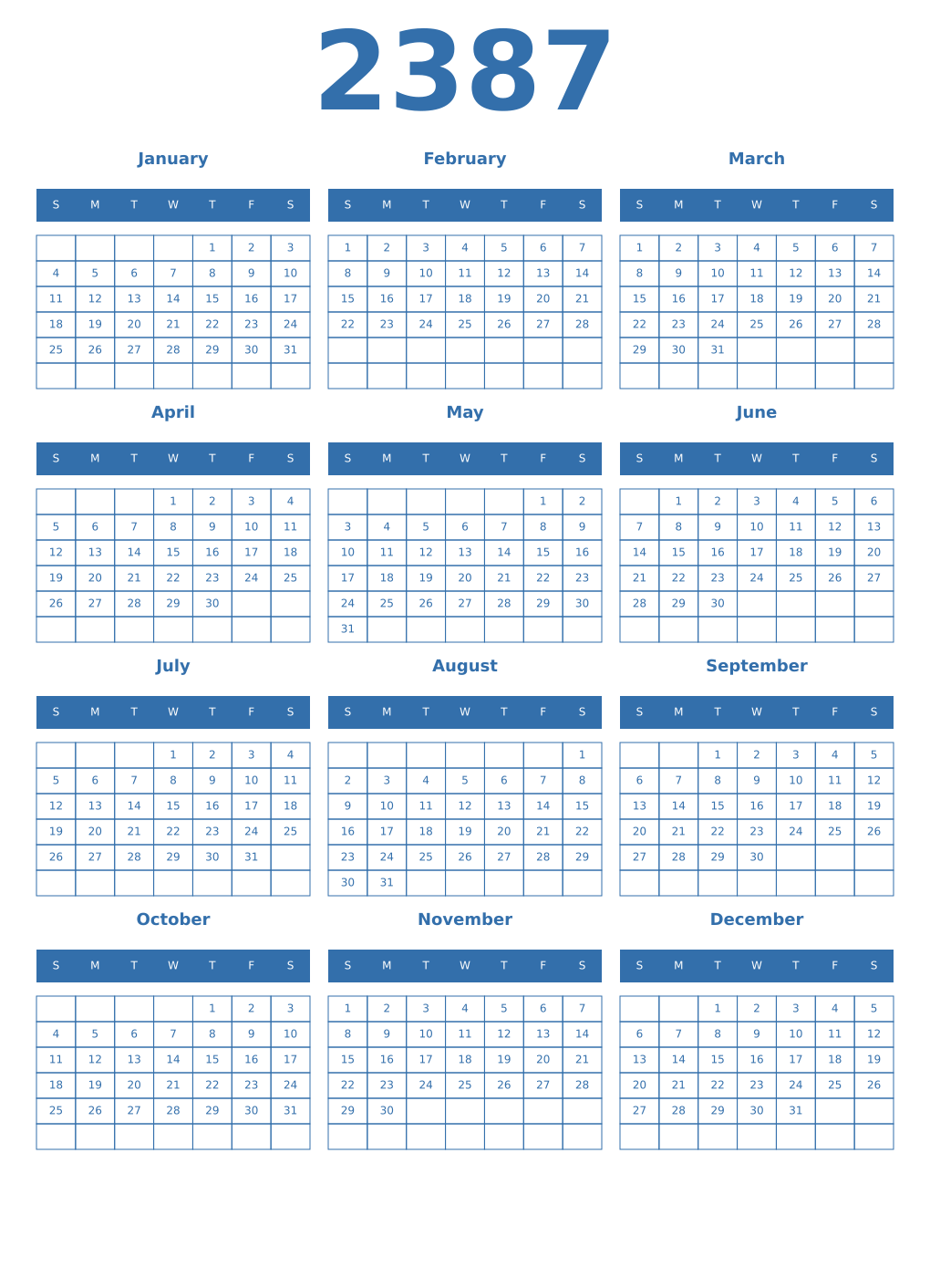 Printable 2387 Year Calendars blue