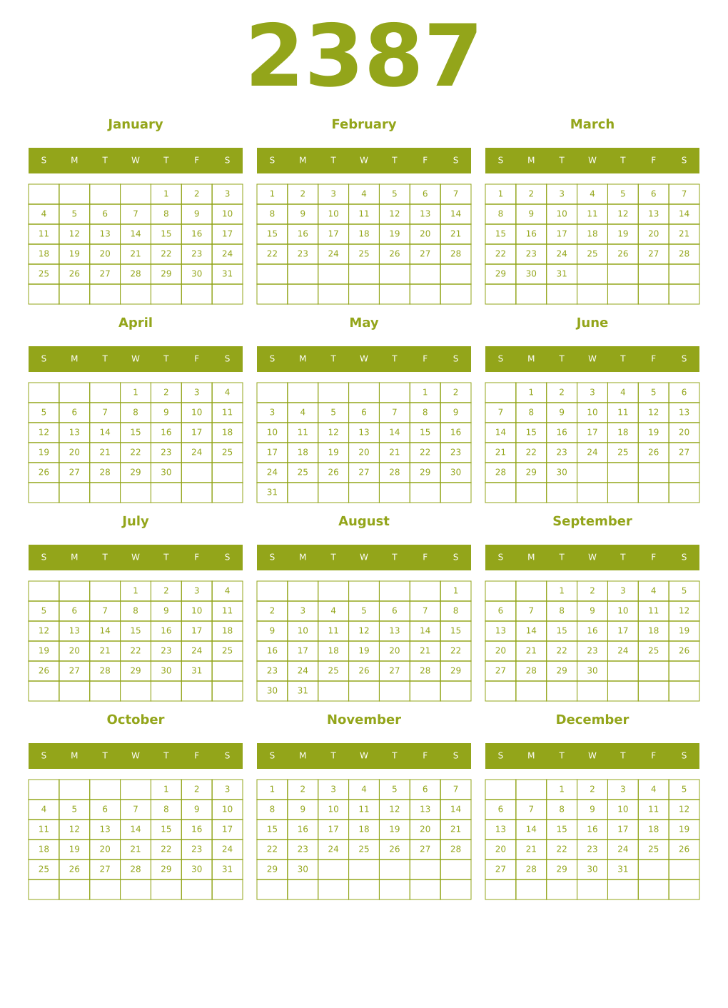 Printable 2387 Year Calendars chartreuse