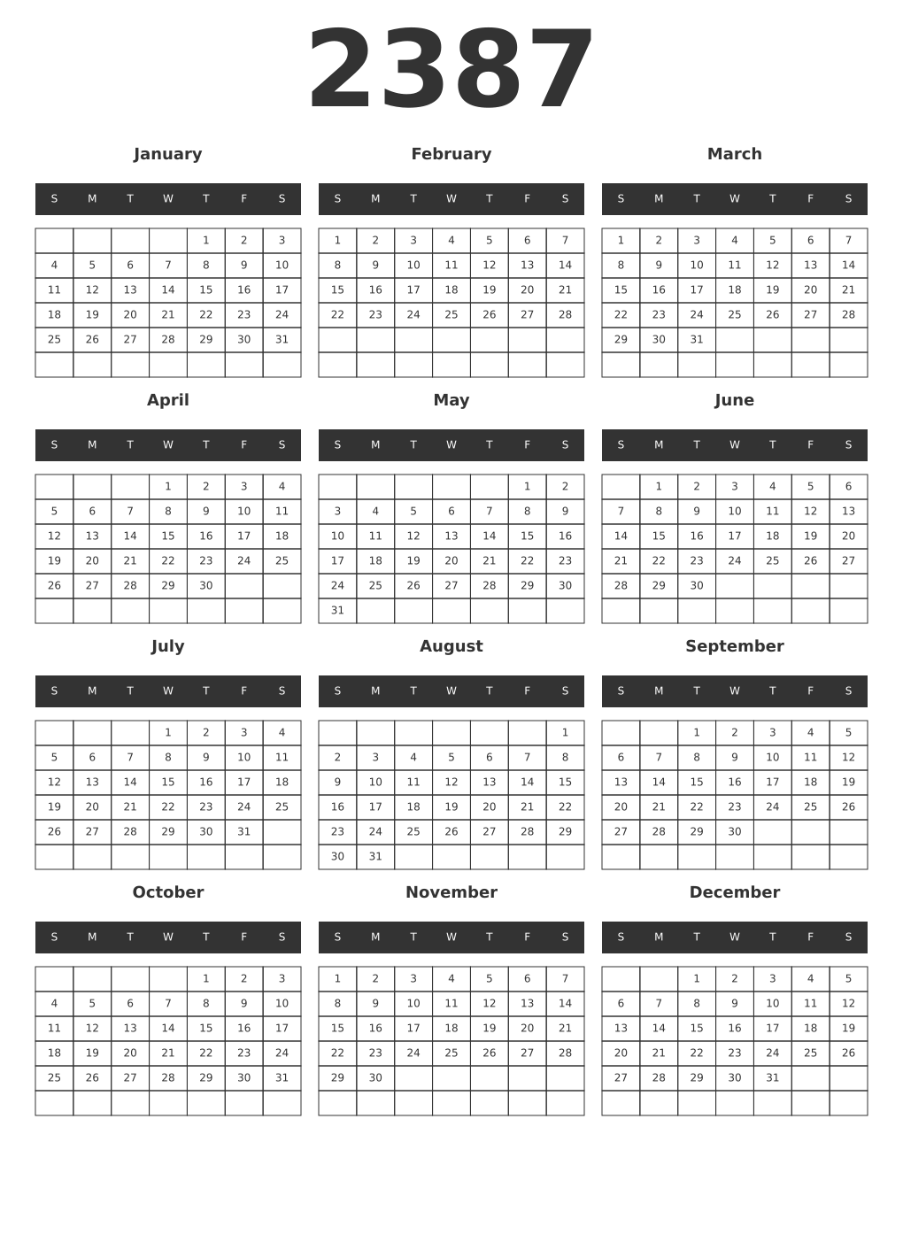 Printable 2387 Year Calendars dark