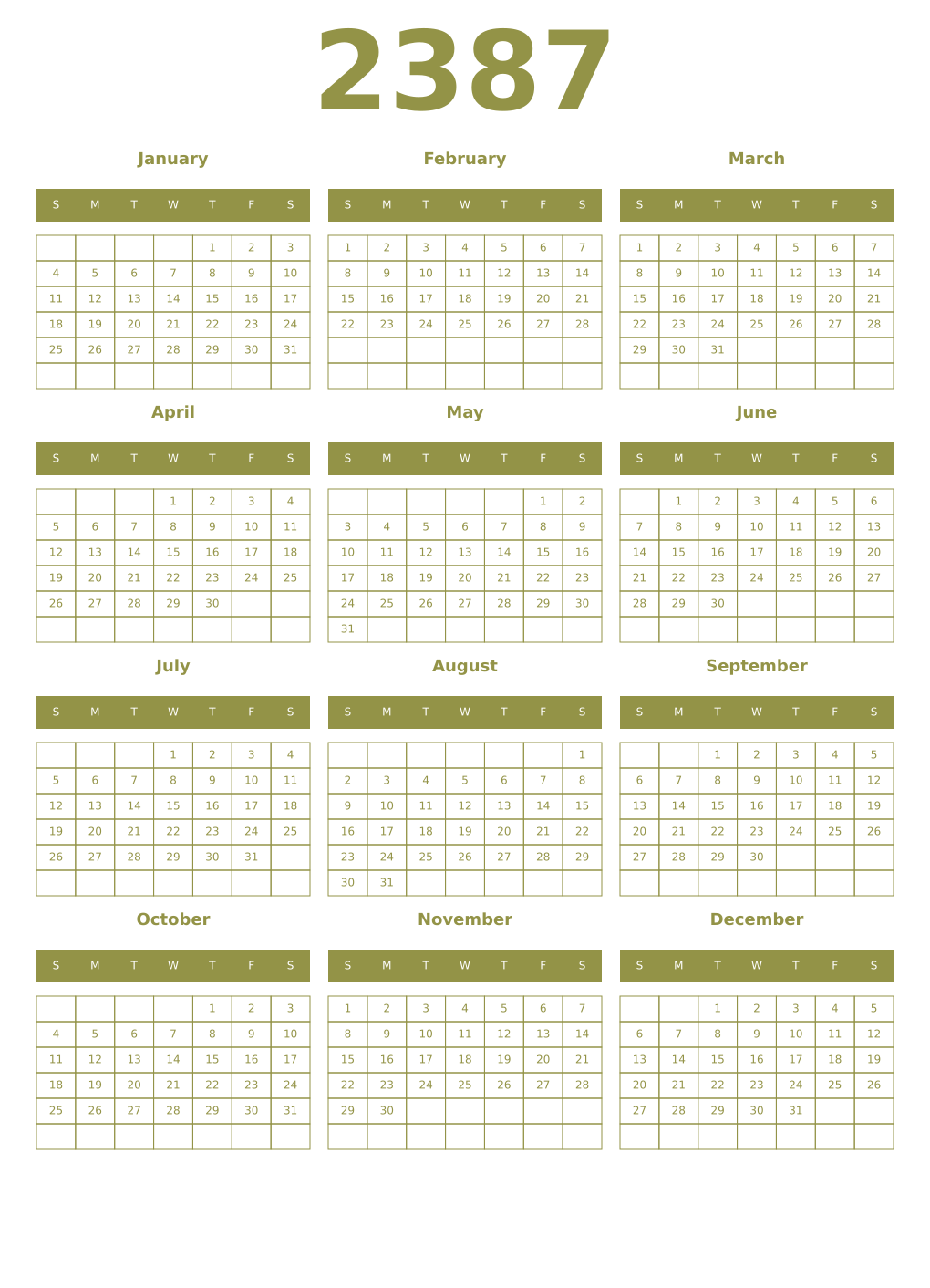 Printable 2387 Year Calendars eburnean