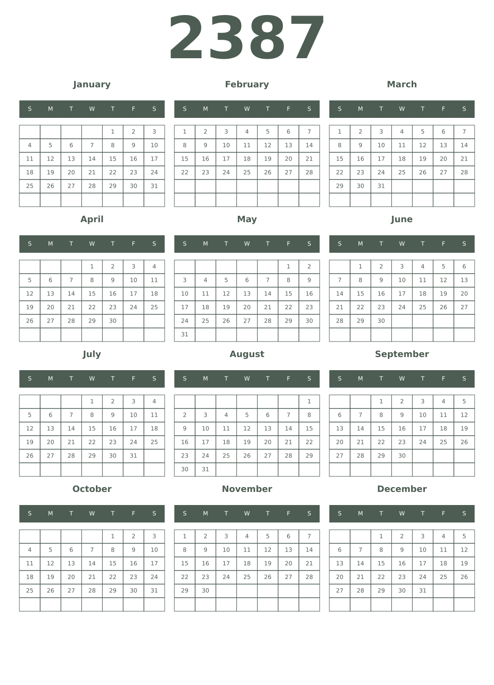 Printable 2387 Year Calendars feldgrau