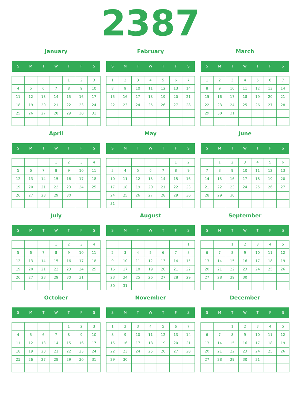 Printable 2387 Year Calendars green