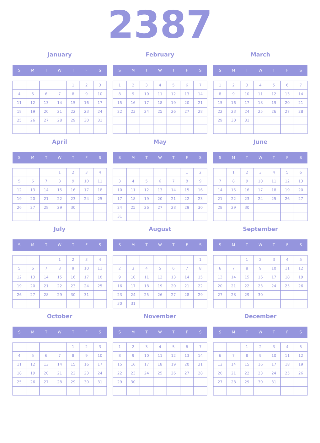Printable 2387 Year Calendars periwinkle